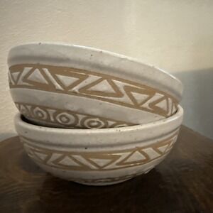 Two Crafted Ceramic Bowls with Geometric Pattern Design & Quail Detail 2.5" Tall